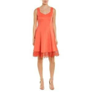Donna Ricco Vibrant Coral Fit and Flare Dress with Lace Hem